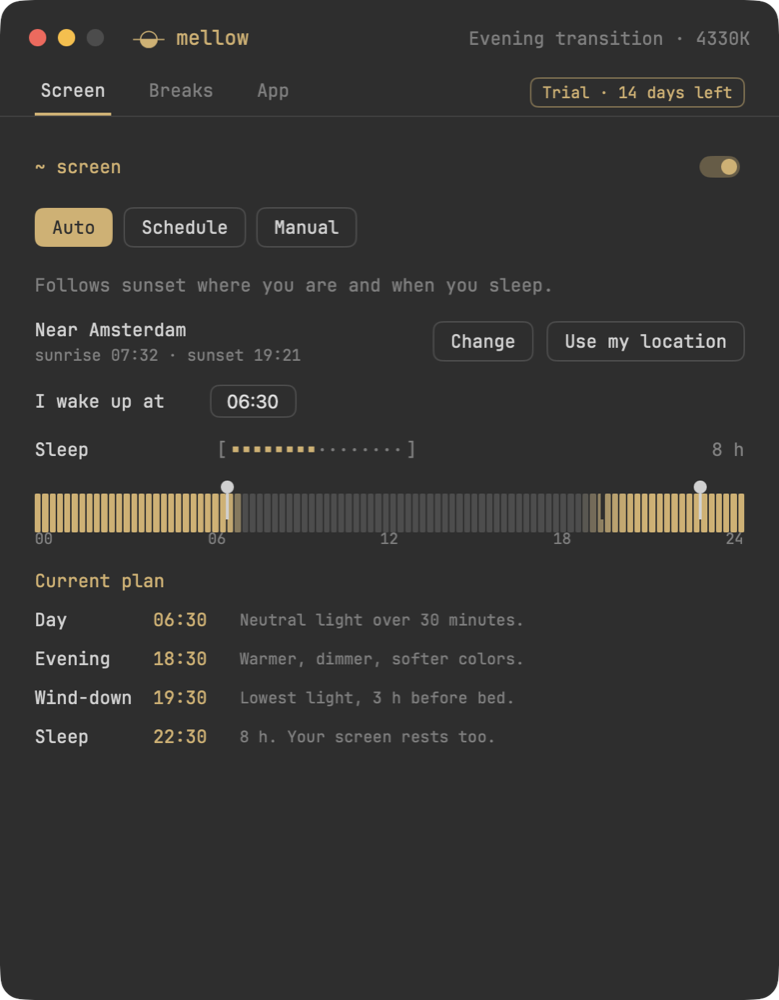 Mellow settings: your city, wake-up time and a plan for the day.